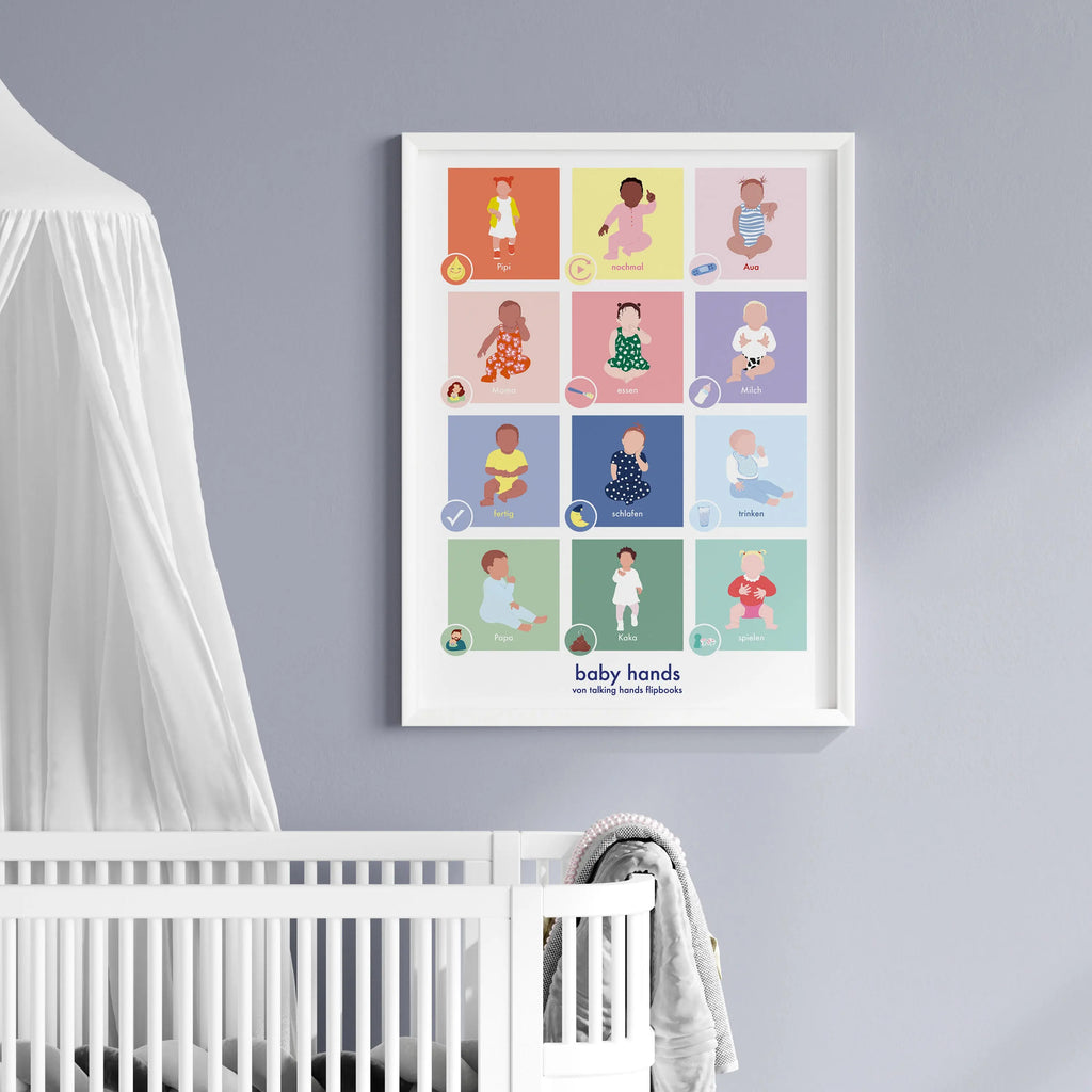 Farbenfrohes Poster fürs Babyzimmer mit Babygebärden/ Babyzeichensprache talking hands flipbooks