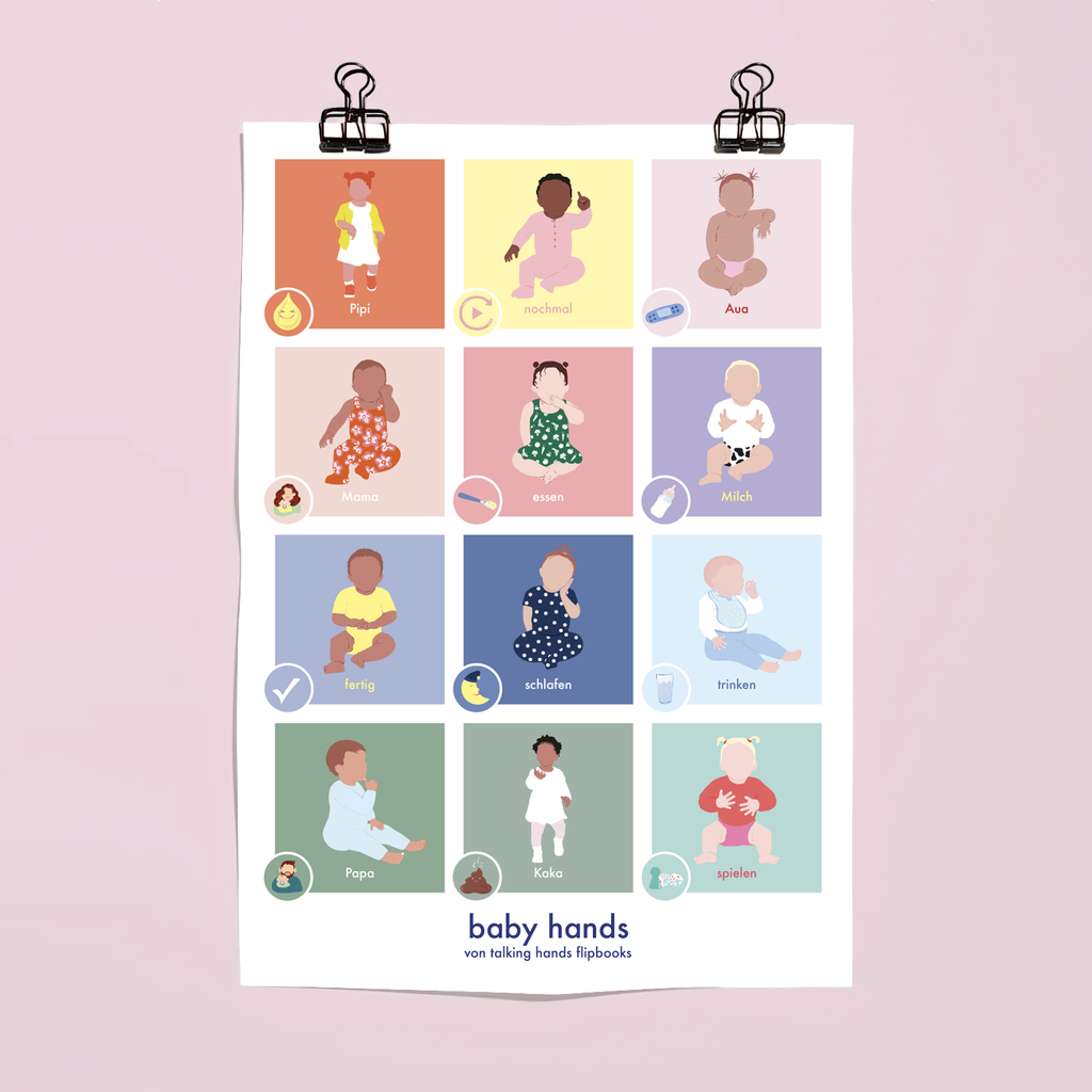 Farbenfrohes Poster fürs Babyzimmer mit Babygebärden/ Babyzeichensprache talking hands flipbooks